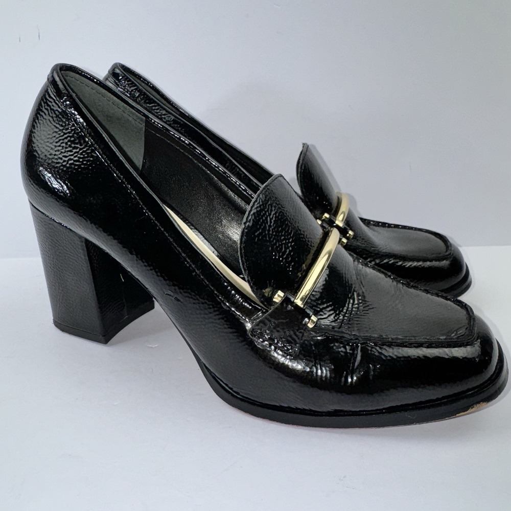 Enzo Angiolini Shoes En-Mardie Black Patent Leather Block Heel Pumps Sz 6 1/2